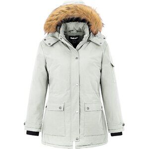 Women's Beige Winter Plus Size Waterproof Thicken Puffer Coat With Faux Fur Hood